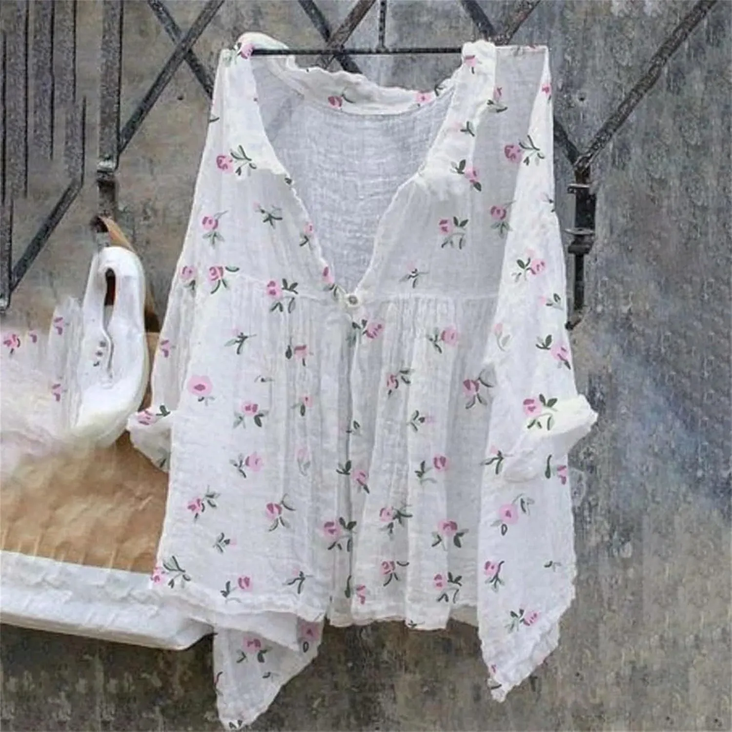 Linen Button Down Shirt Women Summer Plus Size Lightweight Butterfly Print Blouses Dressy Casual No Collar Gauze Tee