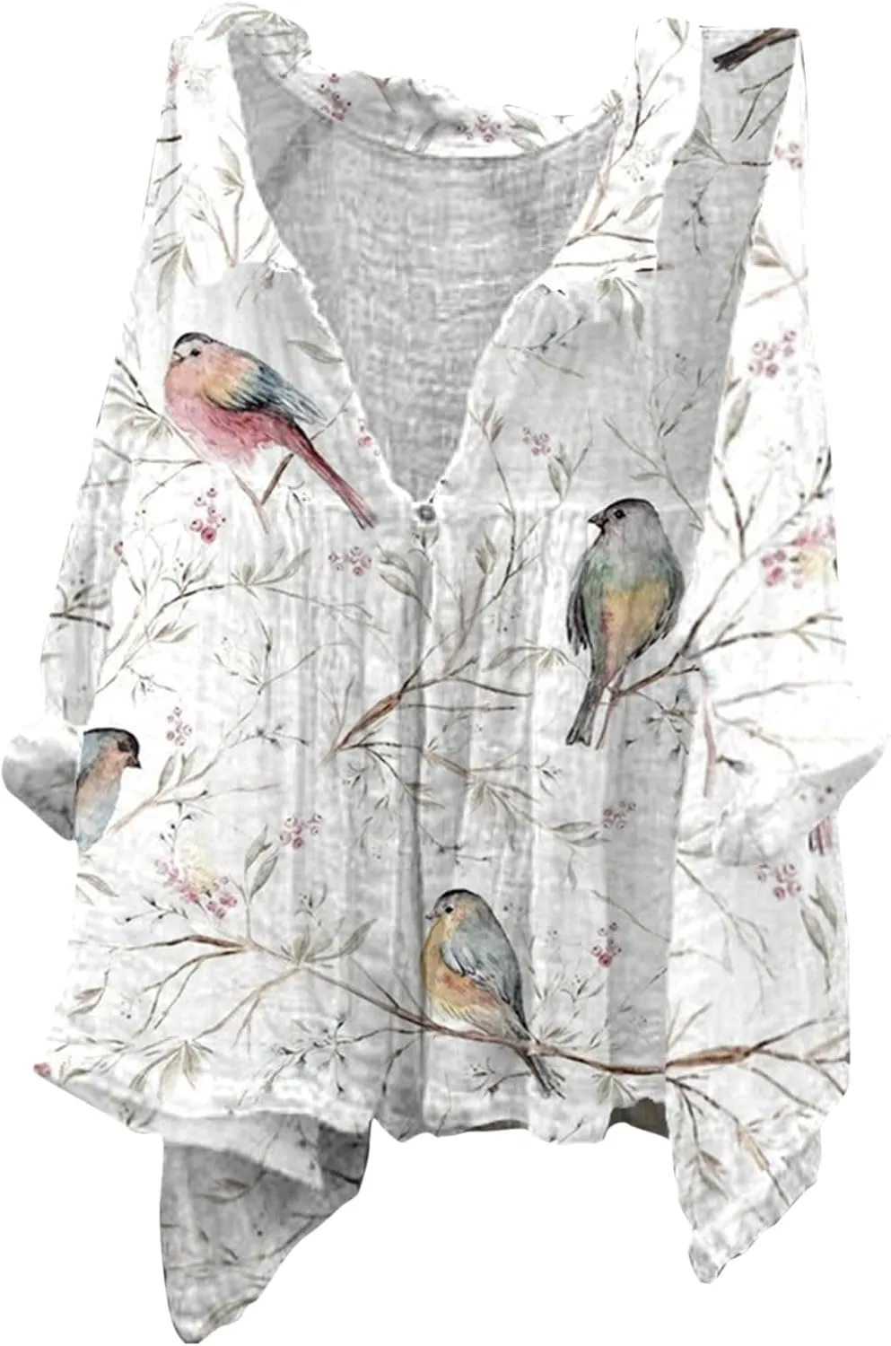 Linen Button Down Shirt Women Summer Plus Size Lightweight Butterfly Print Blouses Dressy Casual No Collar Gauze Tee