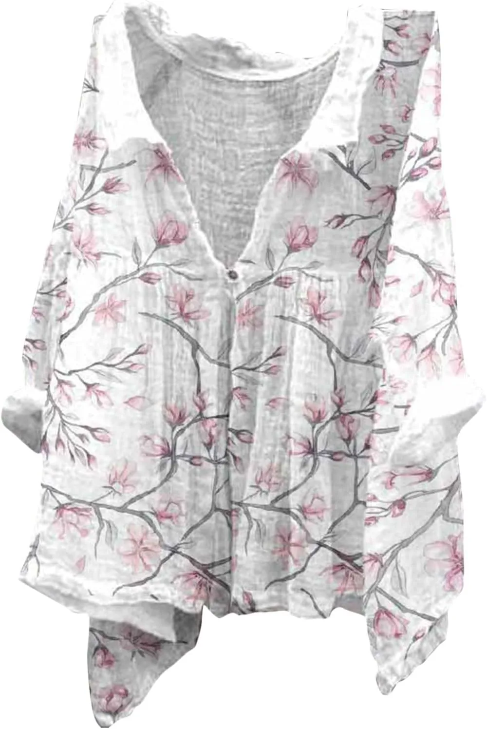 Linen Button Down Shirt Women Summer Plus Size Lightweight Butterfly Print Blouses Dressy Casual No Collar Gauze Tee