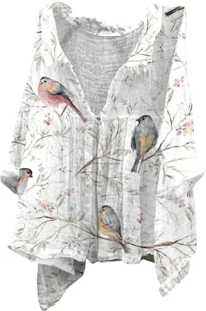 Linen Button Down Shirt Women Summer Plus Size Lightweight Butterfly Print Blouses Dressy Casual No Collar Gauze Tee