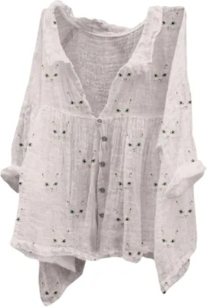 Linen Button Down Shirt Women Summer Plus Size Lightweight Butterfly Print Blouses Dressy Casual No Collar Gauze Tee
