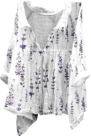 Linen Button Down Shirt Women Summer Plus Size Lightweight Butterfly Print Blouses Dressy Casual No Collar Gauze Tee