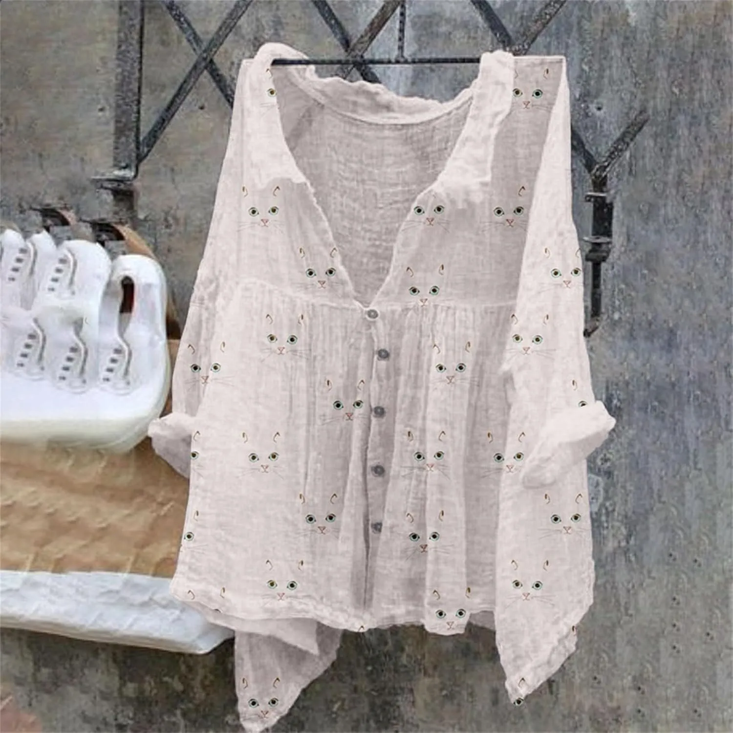 Linen Button Down Shirt Women Summer Plus Size Lightweight Butterfly Print Blouses Dressy Casual No Collar Gauze Tee