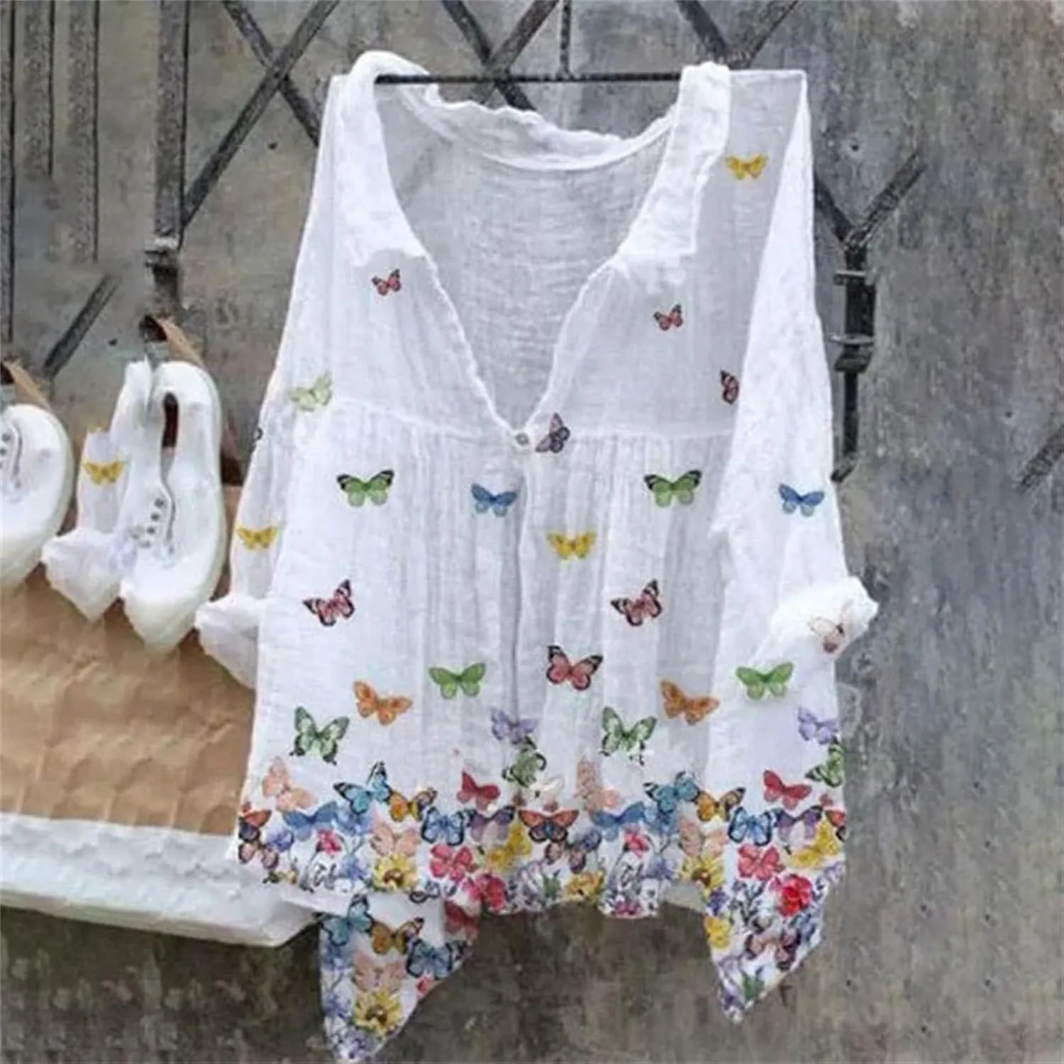 Linen Button Down Shirt Women Summer Plus Size Lightweight Butterfly Print Blouses Dressy Casual No Collar Gauze Tee