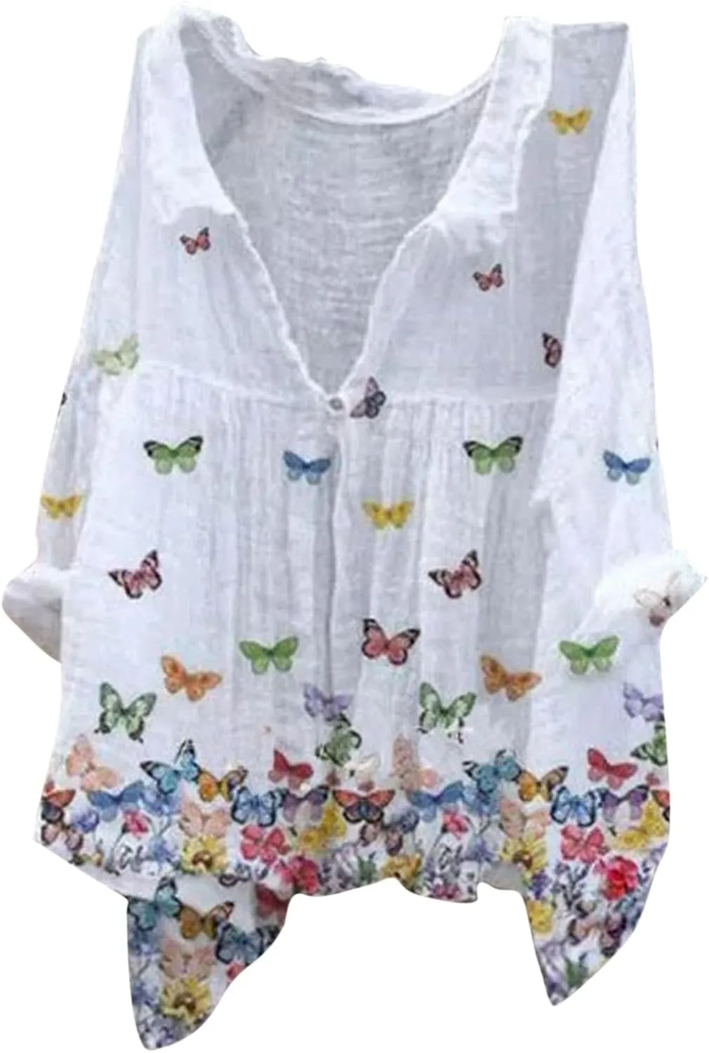 Linen Button Down Shirt Women Summer Plus Size Lightweight Butterfly Print Blouses Dressy Casual No Collar Gauze Tee