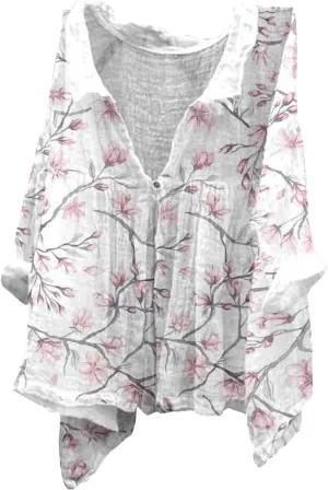Linen Button Down Shirt Women Summer Plus Size Lightweight Butterfly Print Blouses Dressy Casual No Collar Gauze Tee