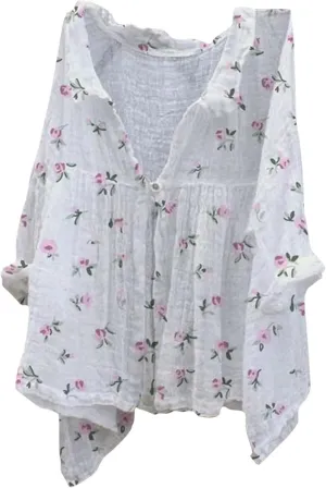 Linen Button Down Shirt Women Summer Plus Size Lightweight Butterfly Print Blouses Dressy Casual No Collar Gauze Tee