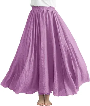 Linen Maxi Skirts for Women Summer Casual Beach Party Long Skirt Teen Girls Ladies Elastic Waist Flowy Swing Skorts