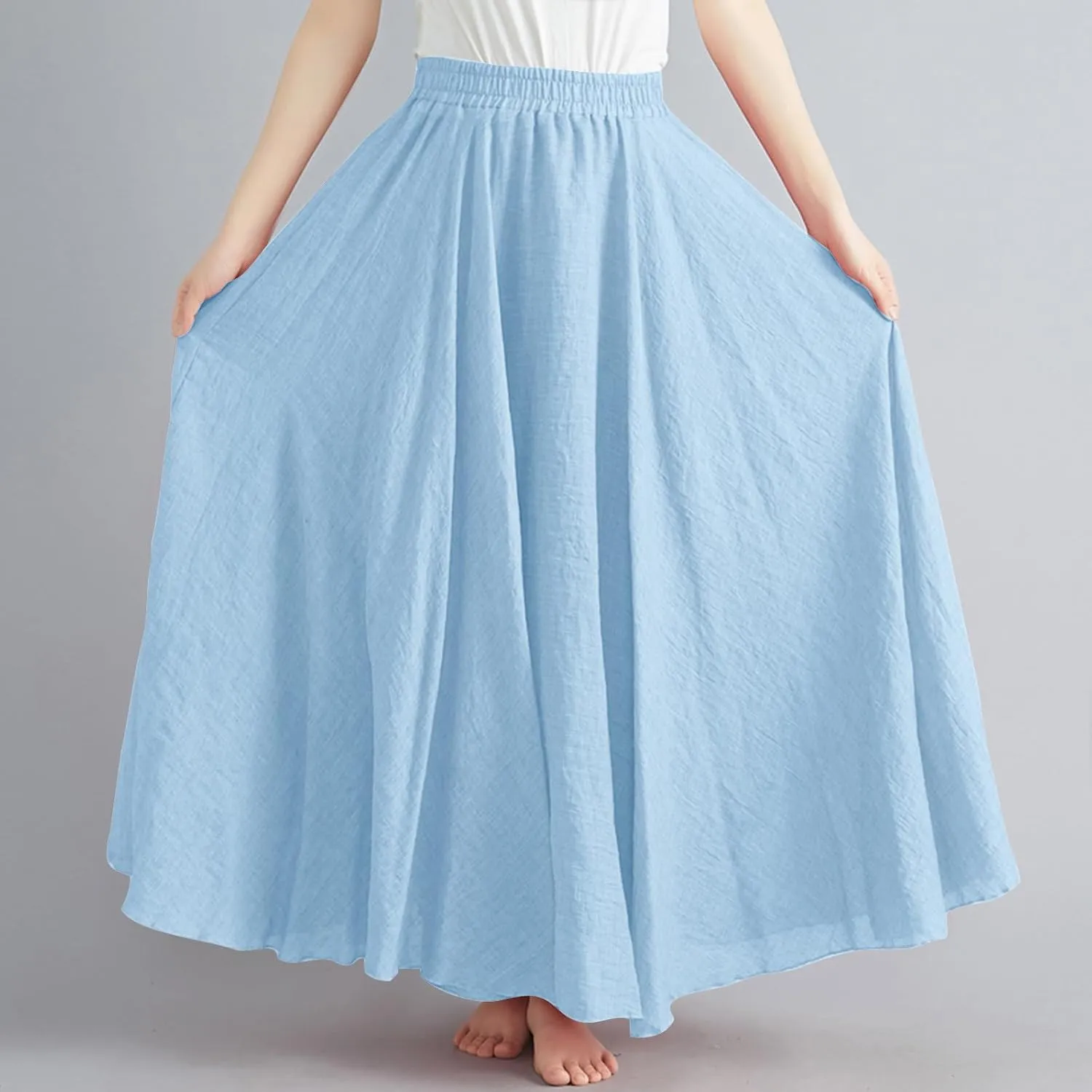 Linen Maxi Skirts for Women Summer Casual Beach Party Long Skirt Teen Girls Ladies Elastic Waist Flowy Swing Skorts