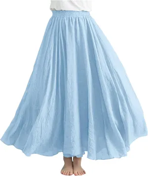 Linen Maxi Skirts for Women Summer Casual Beach Party Long Skirt Teen Girls Ladies Elastic Waist Flowy Swing Skorts