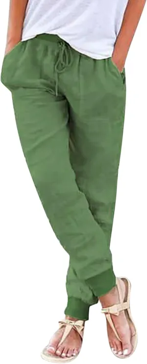 Linen Pants For Women 2025 Petite Summer Drawstring Elastic High Waist Comfy 2025 Lounge Vacation Tapered Trousers