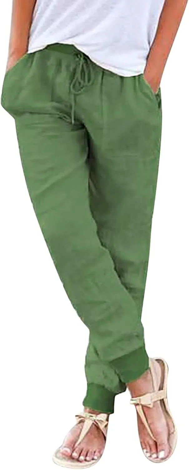 Linen Pants For Women 2025 Petite Summer Drawstring Elastic High Waist Comfy 2025 Lounge Vacation Tapered Trousers