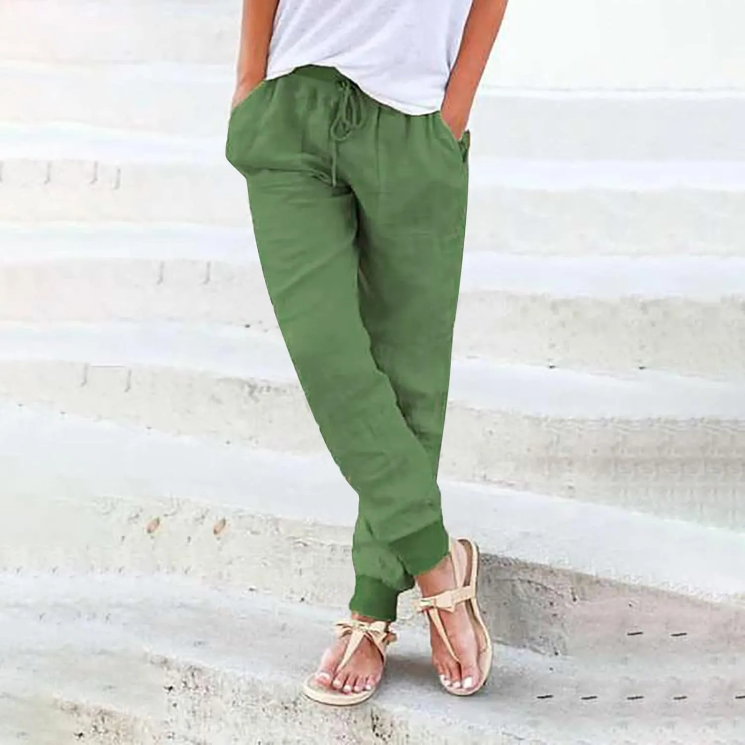 Linen Pants For Women 2025 Petite Summer Drawstring Elastic High Waist Comfy 2025 Lounge Vacation Tapered Trousers