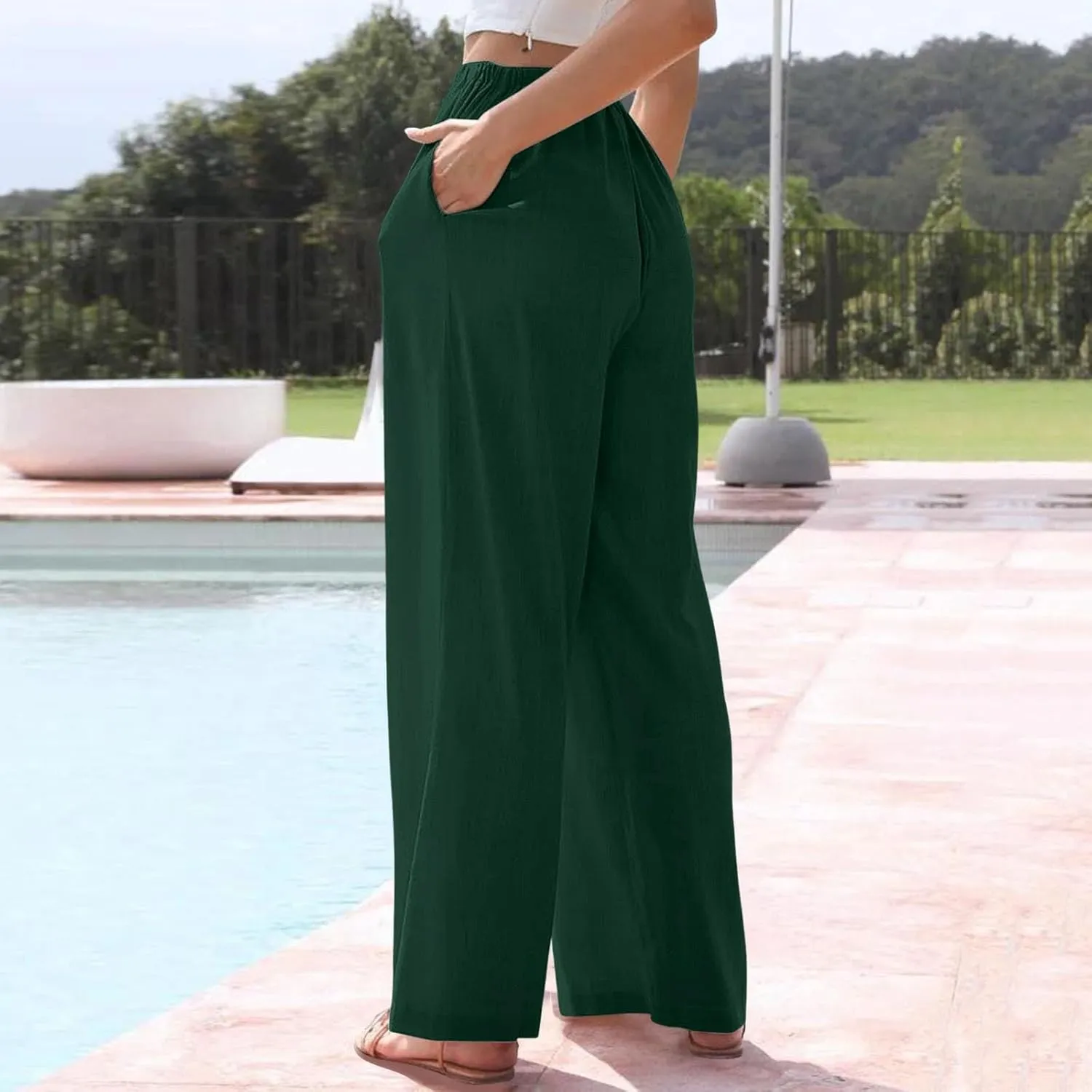 Linen Pants Women Summer Casual Boho Wide Leg Palazzo Pant High Waist Lightweight Flowy Beach Outfits Travel Vacation