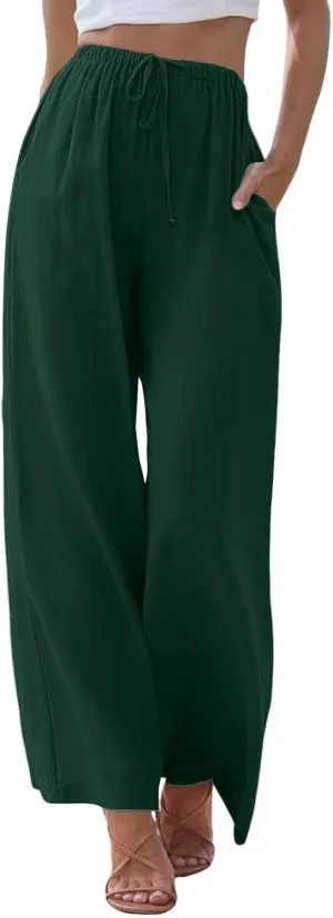 Linen Pants Women Summer Casual Boho Wide Leg Palazzo Pant High Waist Lightweight Flowy Beach Outfits Travel Vacation