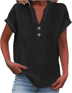 Linen Shirts for Women 2025 Summer Casual Button Down V Neck Short Sleeve Tops Comfy Trendy Business Work Blouses