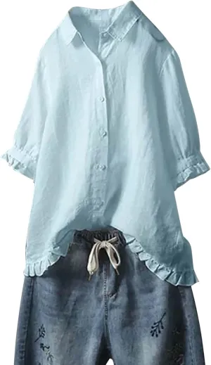Linen Shirts for Women Casual Button Down Half Sleeve Tops Soft Lightweight Boho Summer Blouse Trendy Hawaii T-Shirt