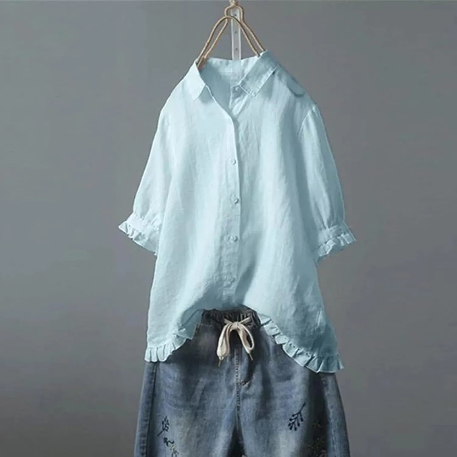 Linen Shirts for Women Casual Button Down Half Sleeve Tops Soft Lightweight Boho Summer Blouse Trendy Hawaii T-Shirt