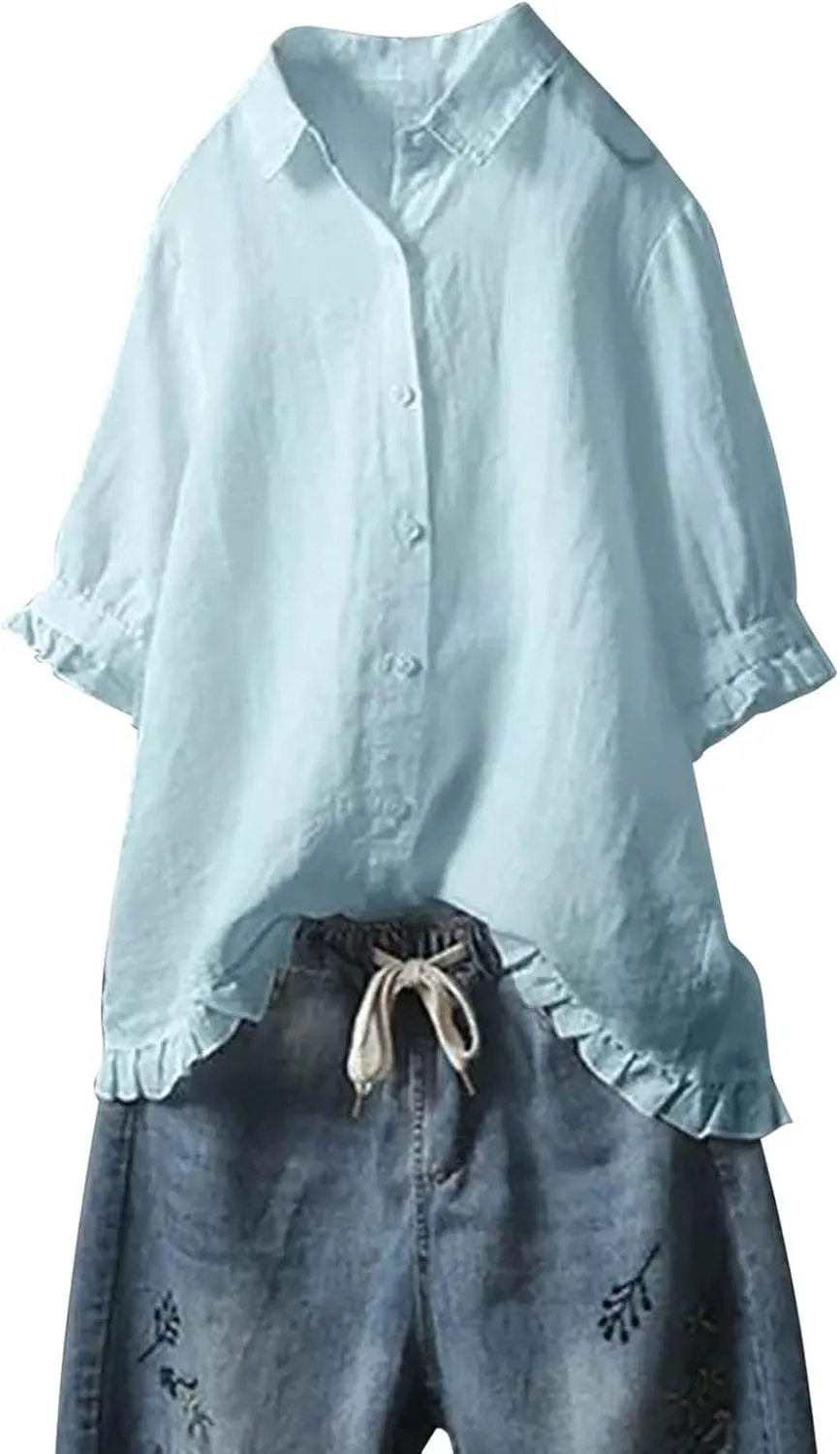 Linen Shirts for Women Casual Button Down Half Sleeve Tops Soft Lightweight Boho Summer Blouse Trendy Hawaii T-Shirt