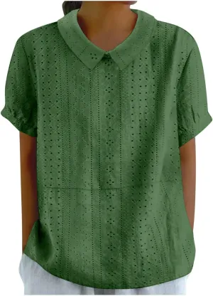 Linen Shirts for Women Summer Lightweight Short Sleeve Floral Tunics Cute Collared Tops Business Work Casual Blouses