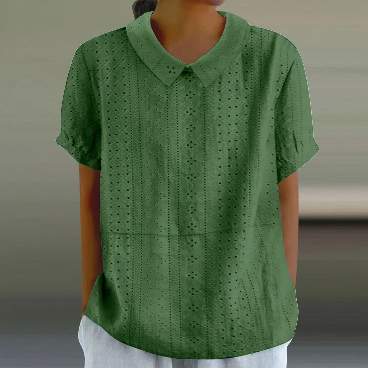Linen Shirts for Women Summer Lightweight Short Sleeve Floral Tunics Cute Collared Tops Business Work Casual Blouses
