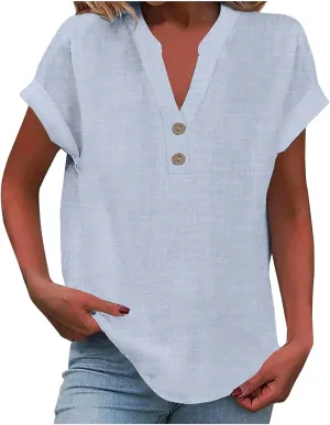 Linen Shirts for Women Summer Short Sleeve Casual Tops Henley Vacation Beach Lounge Button Lightweight Tunic Blouse