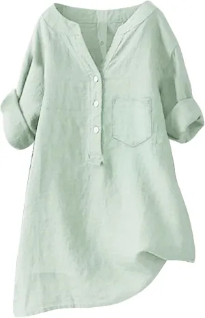 Linen Shirts for Women V Neck Button Down Blouse Short Sleeve Office Work Tops Vintage Vacation Tees Shirt Tops