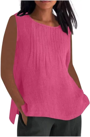 Linen Tank Tops for Women Cotton Gauze Crewneck Pleated Front Sleeveless Plus Size Side Slit Summer Shirts