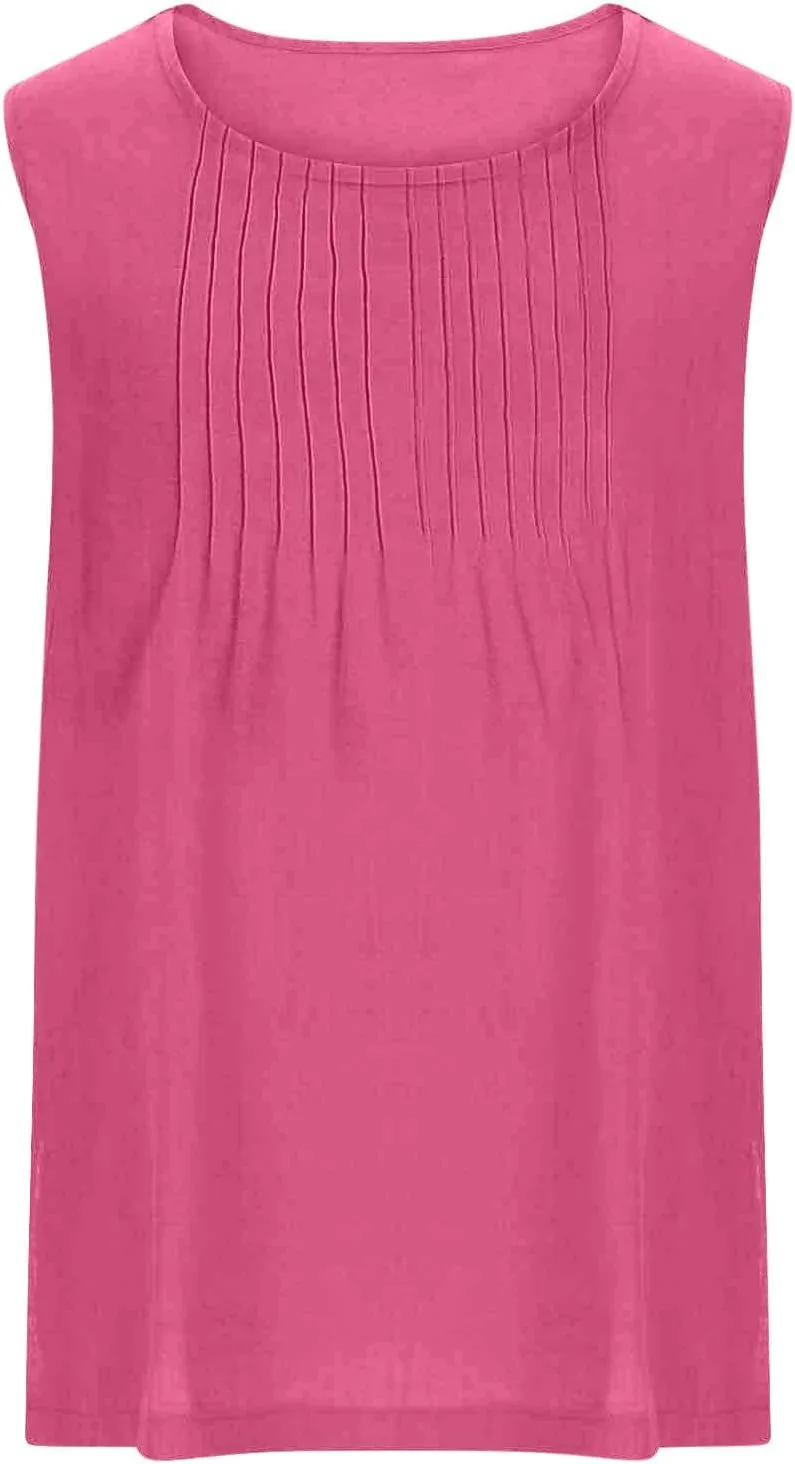 Linen Tank Tops for Women Cotton Gauze Crewneck Pleated Front Sleeveless Plus Size Side Slit Summer Shirts
