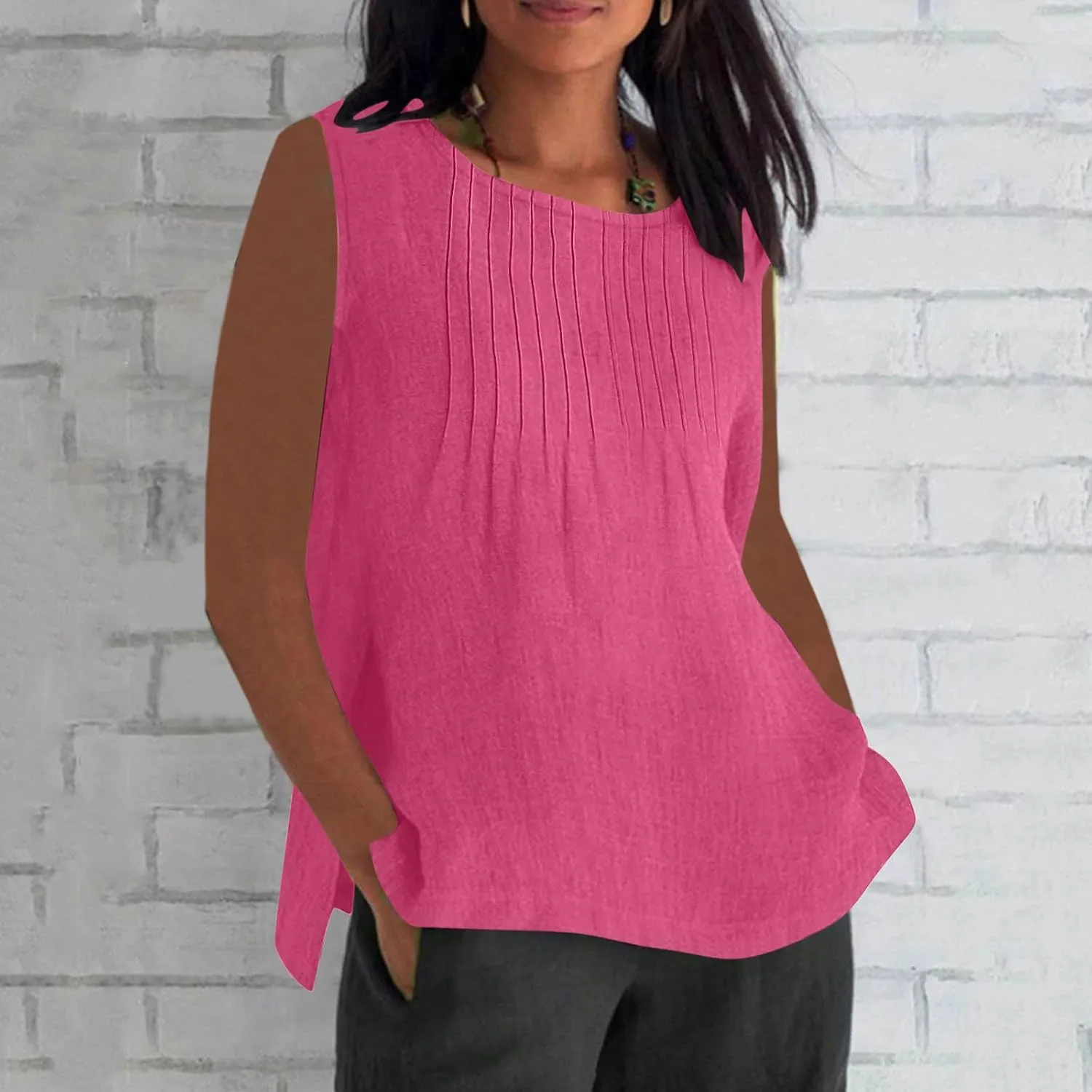 Linen Tank Tops for Women Cotton Gauze Crewneck Pleated Front Sleeveless Plus Size Side Slit Summer Shirts