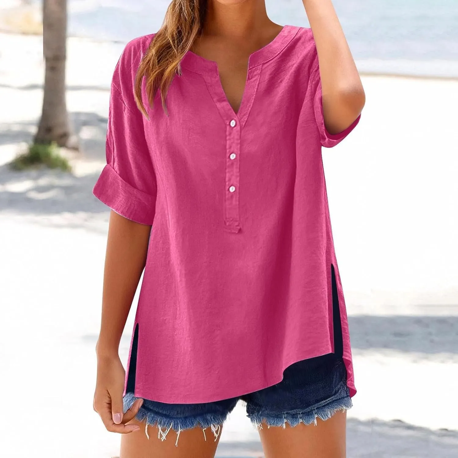 Linen Tops for Women Button Down Vneck Shirts 2025 Summer Casual Short Sleeve Loose Tshirt Cotton Linen Blouse Tee