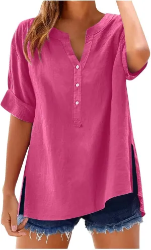 Linen Tops for Women Button Down Vneck Shirts 2025 Summer Casual Short Sleeve Loose Tshirt Cotton Linen Blouse Tee