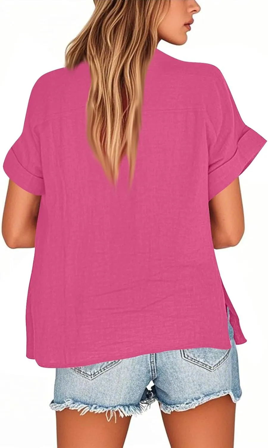Linen Tops for Women Button Down Vneck Shirts 2025 Summer Casual Short Sleeve Loose Tshirt Cotton Linen Blouse Tee