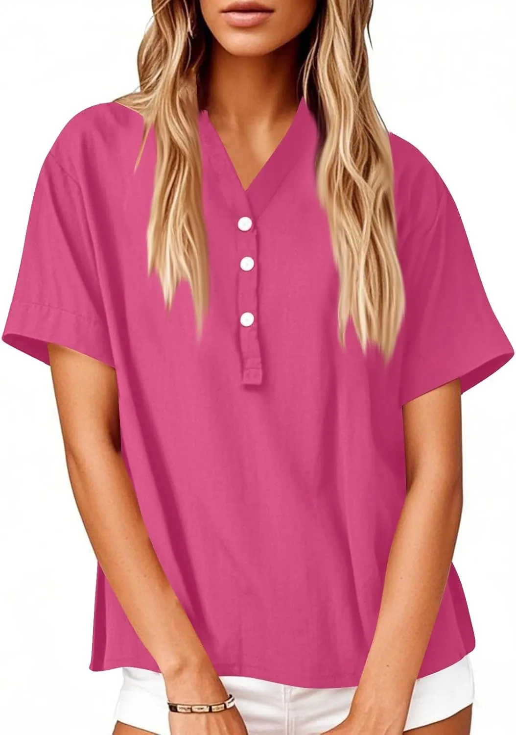 Linen Tops for Women Button Down Vneck Shirts 2025 Summer Casual Short Sleeve Loose Tshirt Cotton Linen Blouse Tee