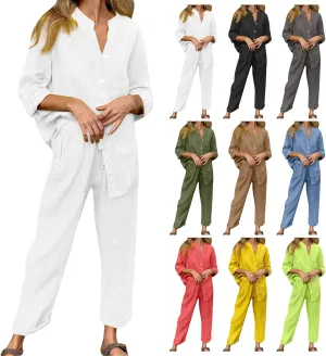 Linen Two Piece Sets for Women Cotton Pajamas Long Sleeve Button Down Shirts Wide Leg Pants with Pockets Casual Set