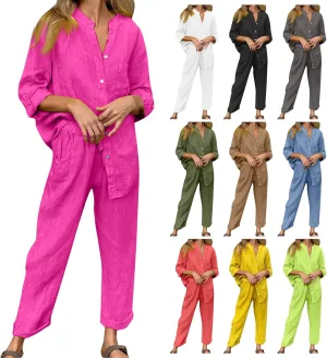Linen Two Piece Sets for Women Cotton Pajamas Long Sleeve Button Down Shirts Wide Leg Pants with Pockets Casual Set