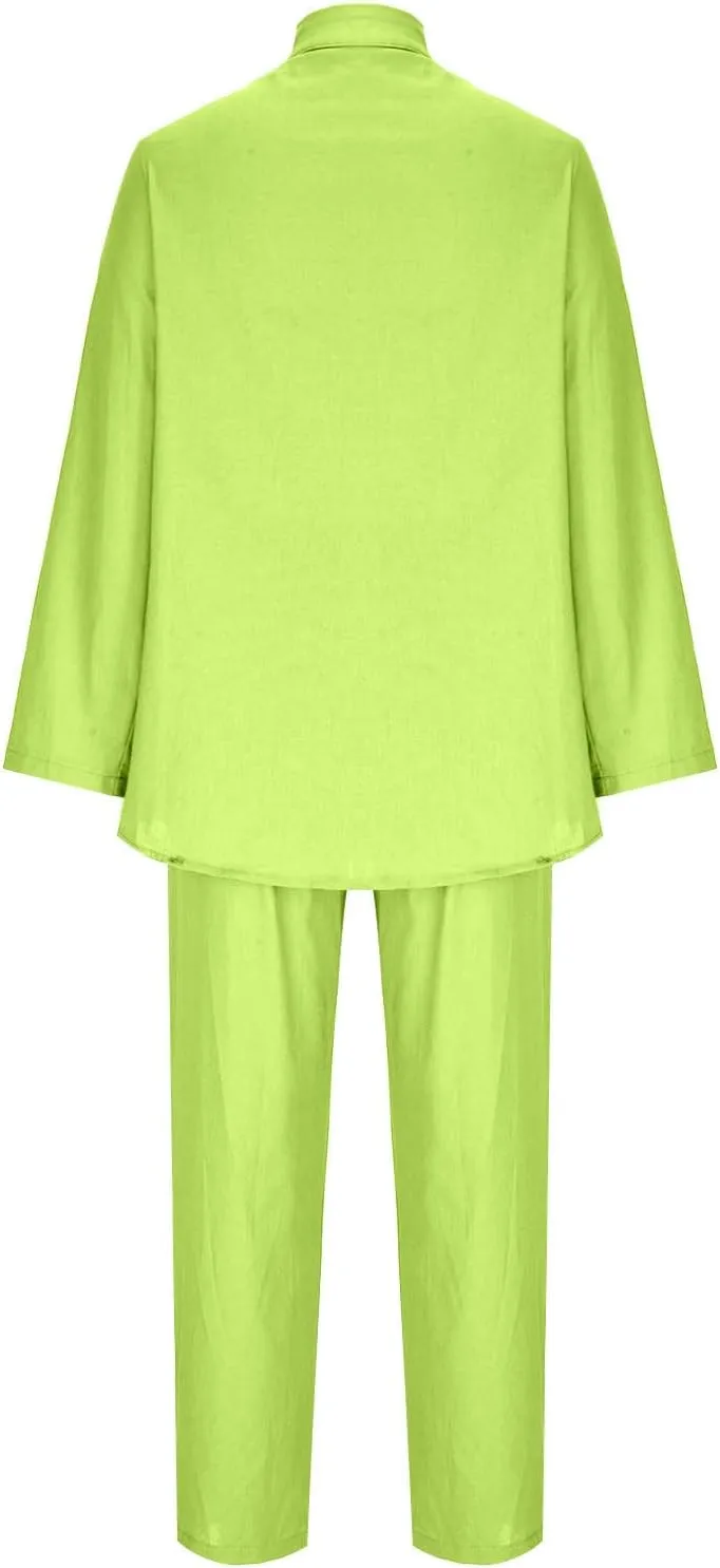 Linen Two Piece Sets for Women Cotton Pajamas Long Sleeve Button Down Shirts Wide Leg Pants with Pockets Casual Set