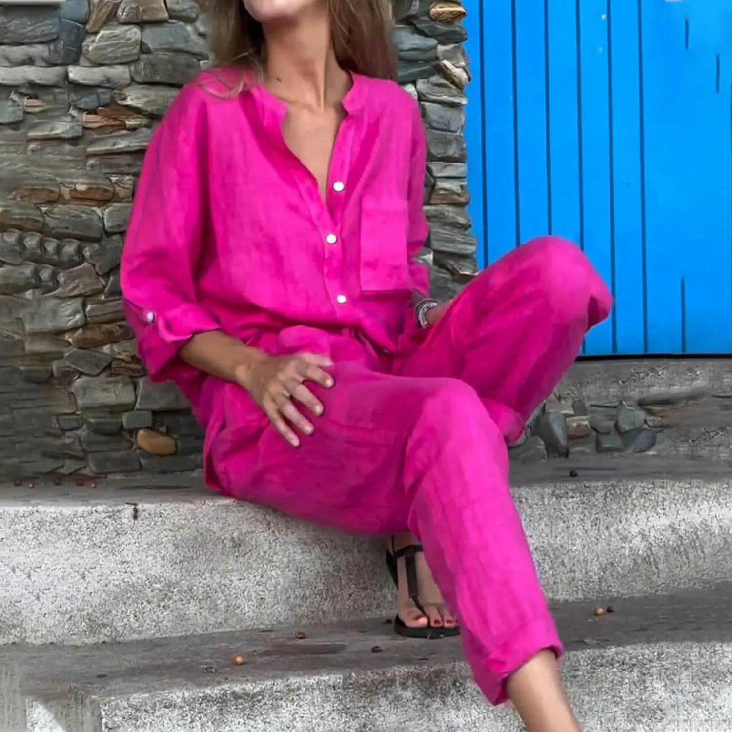 Linen Two Piece Sets for Women Cotton Pajamas Long Sleeve Button Down Shirts Wide Leg Pants with Pockets Casual Set