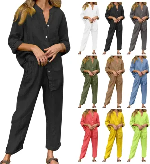 Linen Two Piece Sets for Women Cotton Pajamas Long Sleeve Button Down Shirts Wide Leg Pants with Pockets Casual Set