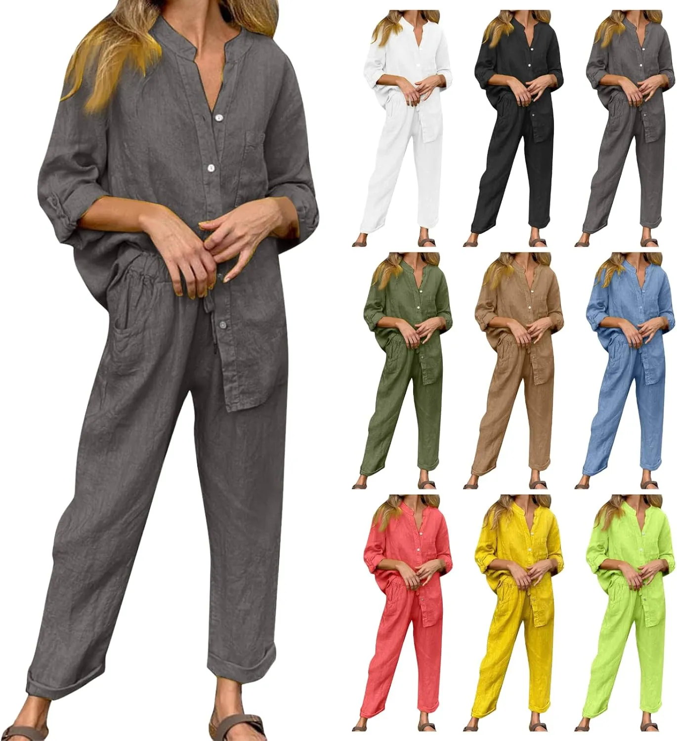 Linen Two Piece Sets for Women Cotton Pajamas Long Sleeve Button Down Shirts Wide Leg Pants with Pockets Casual Set