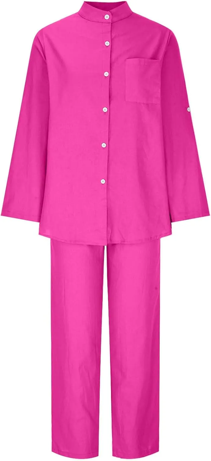 Linen Two Piece Sets for Women Cotton Pajamas Long Sleeve Button Down Shirts Wide Leg Pants with Pockets Casual Set