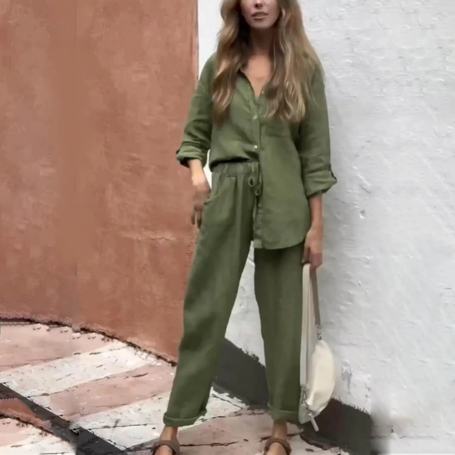 Linen Two Piece Sets for Women Cotton Pajamas Long Sleeve Button Down Shirts Wide Leg Pants with Pockets Casual Set