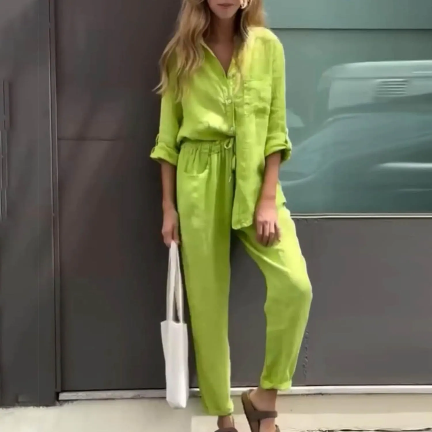 Linen Two Piece Sets for Women Cotton Pajamas Long Sleeve Button Down Shirts Wide Leg Pants with Pockets Casual Set