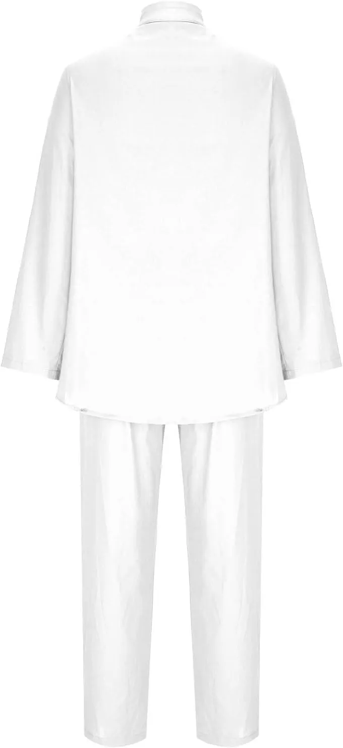 Linen Two Piece Sets for Women Cotton Pajamas Long Sleeve Button Down Shirts Wide Leg Pants with Pockets Casual Set