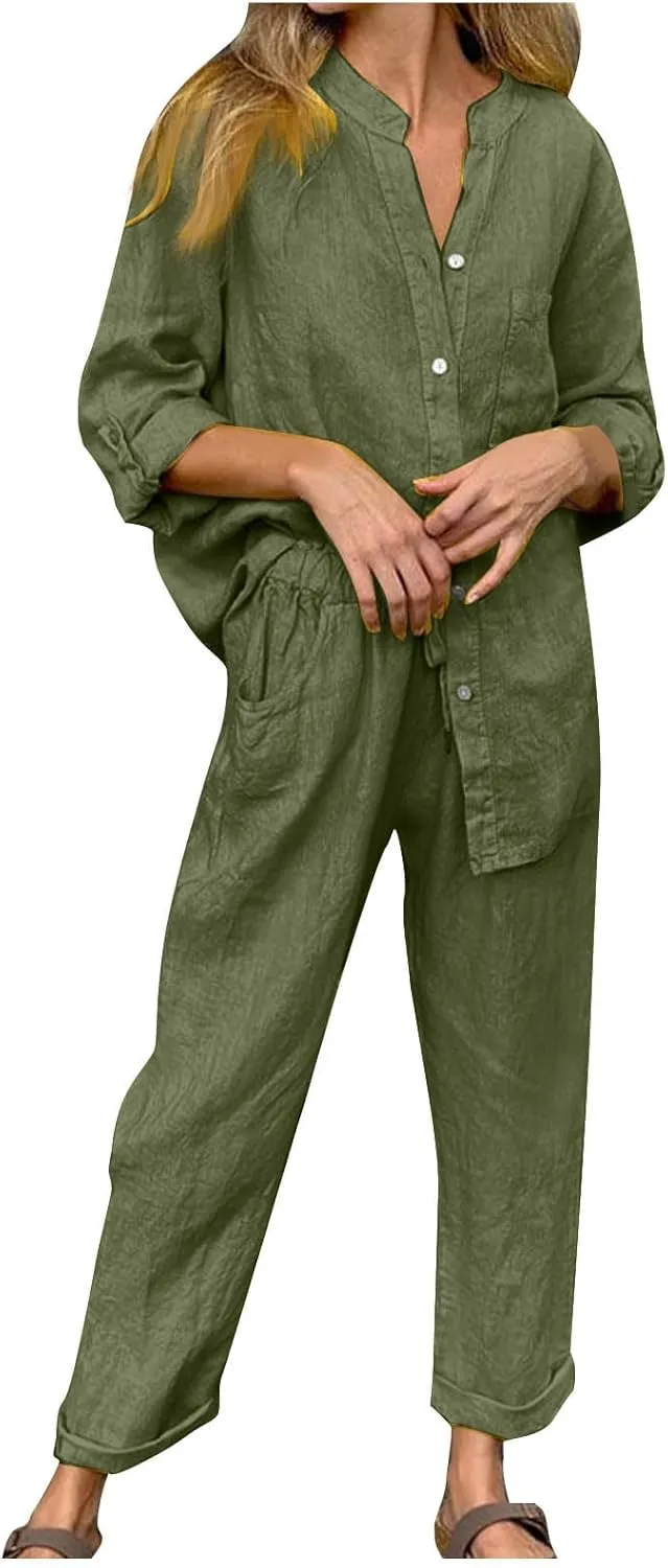 Linen Two Piece Sets for Women Cotton Pajamas Long Sleeve Button Down Shirts Wide Leg Pants with Pockets Casual Set