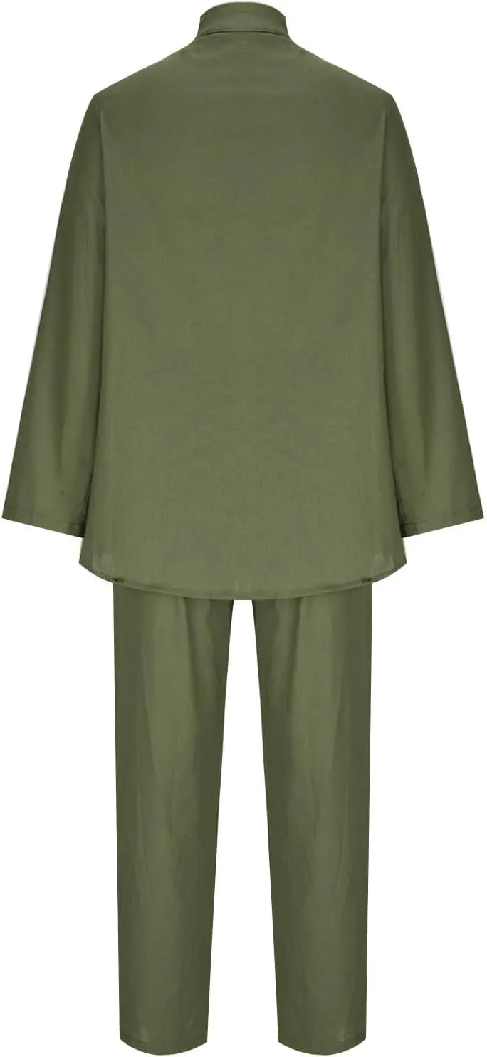 Linen Two Piece Sets for Women Cotton Pajamas Long Sleeve Button Down Shirts Wide Leg Pants with Pockets Casual Set