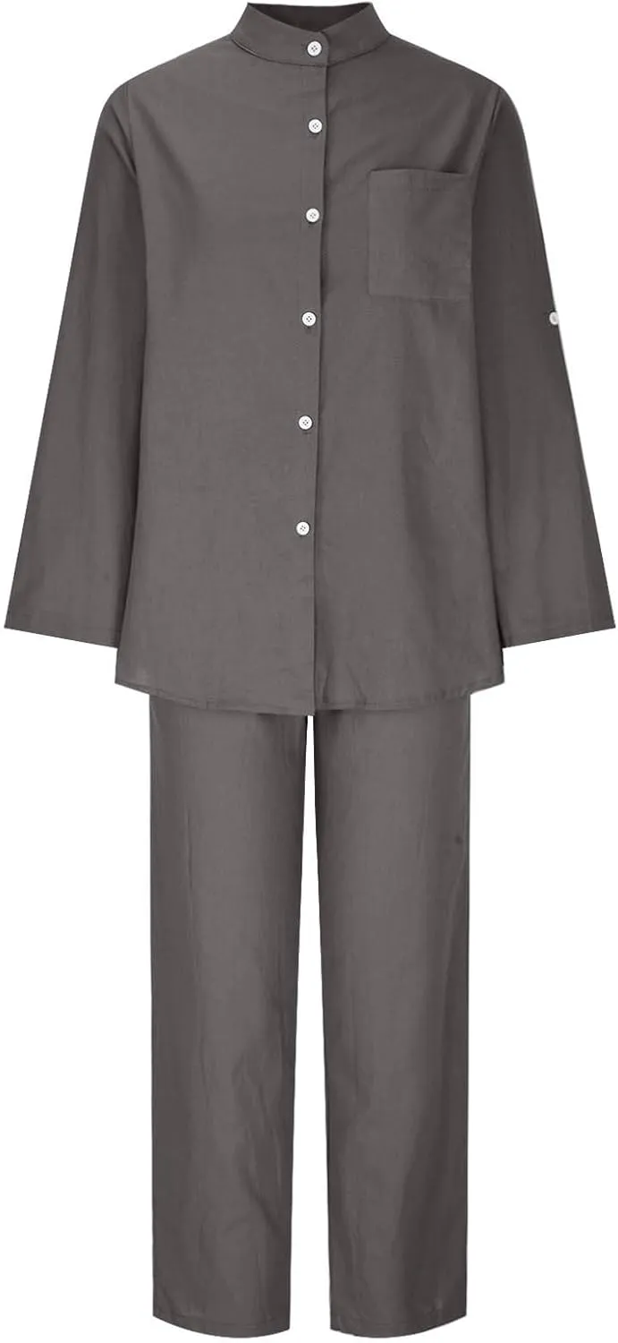 Linen Two Piece Sets for Women Cotton Pajamas Long Sleeve Button Down Shirts Wide Leg Pants with Pockets Casual Set