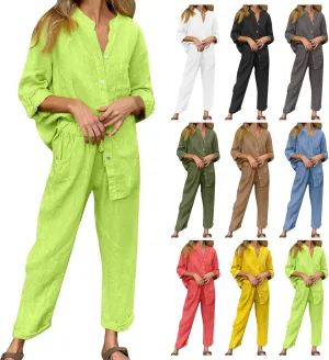 Linen Two Piece Sets for Women Cotton Pajamas Long Sleeve Button Down Shirts Wide Leg Pants with Pockets Casual Set
