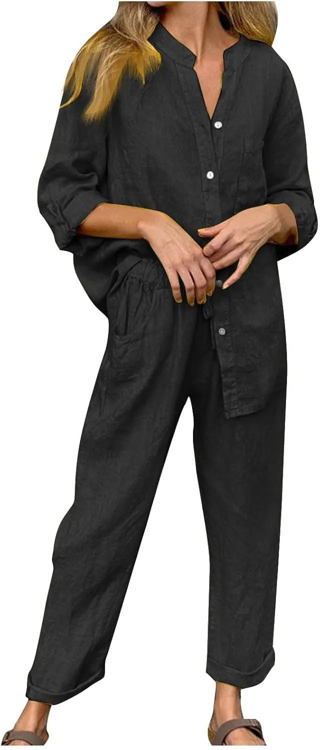 Linen Two Piece Sets for Women Cotton Pajamas Long Sleeve Button Down Shirts Wide Leg Pants with Pockets Casual Set