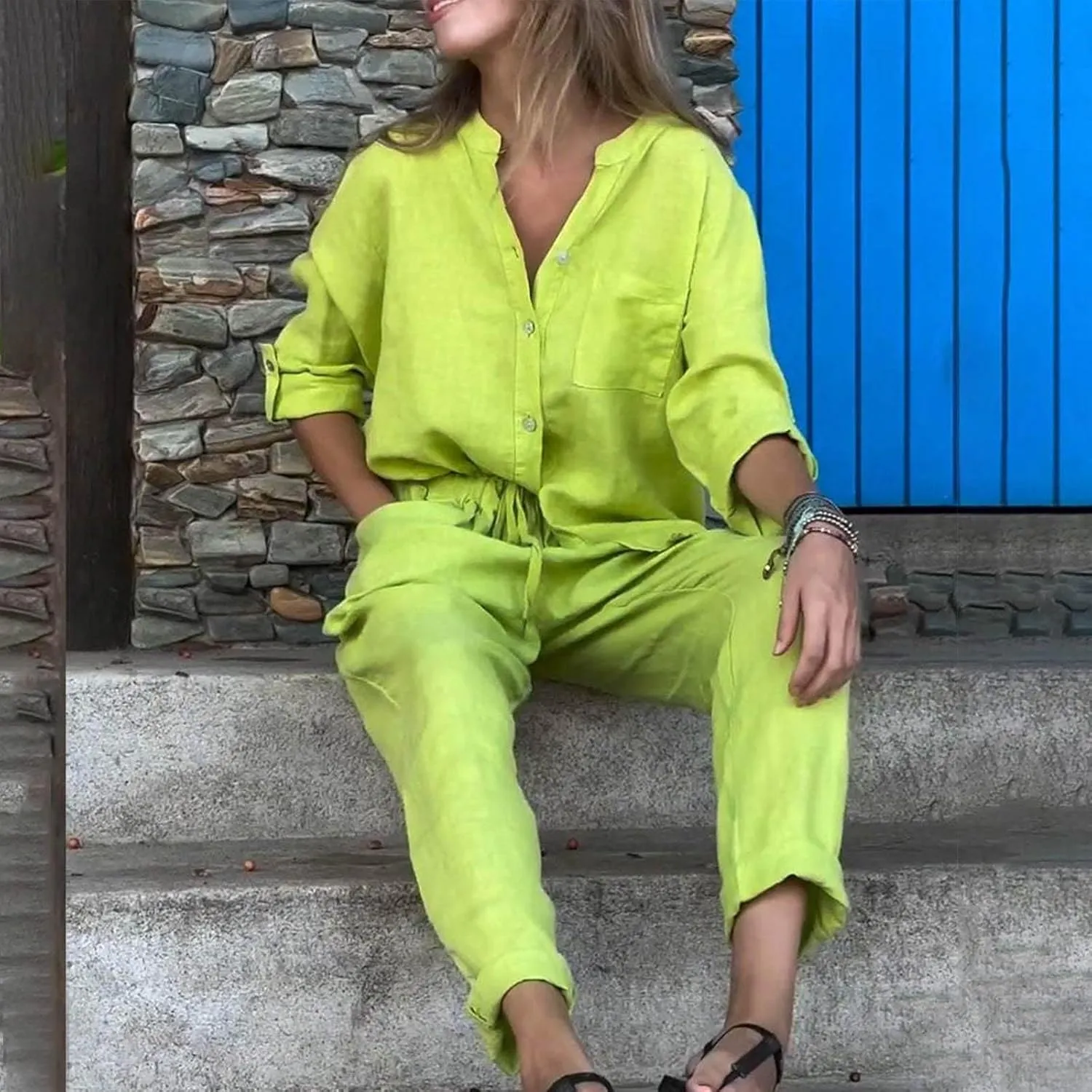 Linen Two Piece Sets for Women Cotton Pajamas Long Sleeve Button Down Shirts Wide Leg Pants with Pockets Casual Set